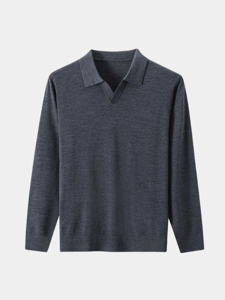 100% Wool Knit V Neck Turndown Polo Pullover - Cross & Crown