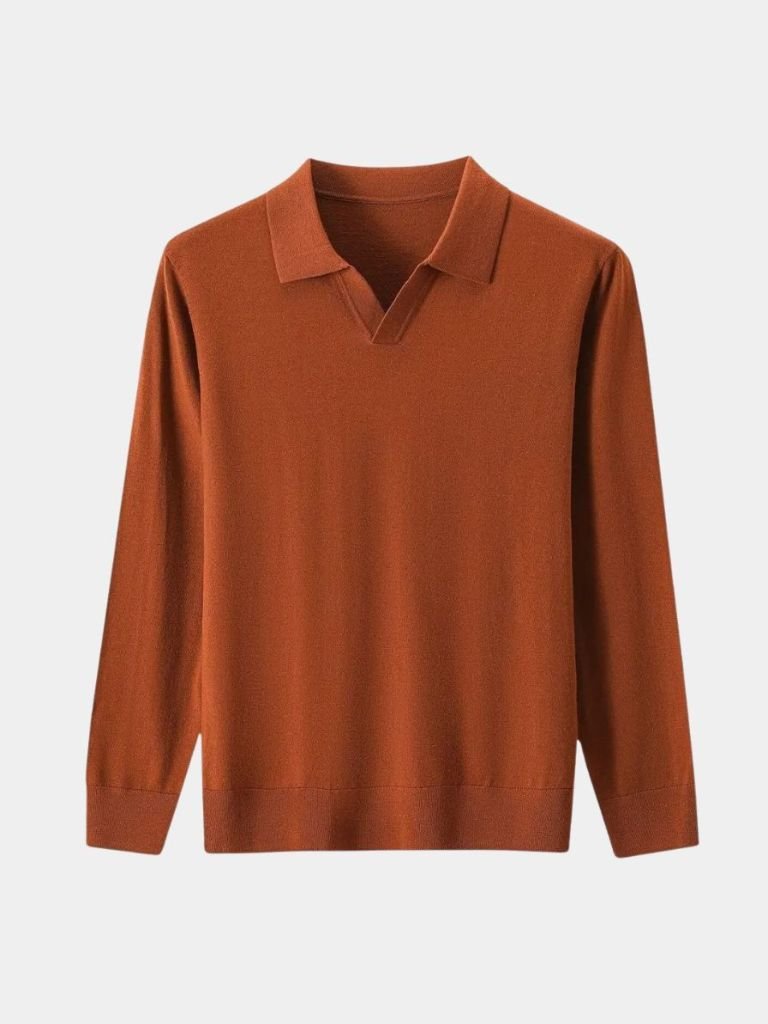 100% Wool Knit V Neck Turndown Polo Pullover - Cross & Crown