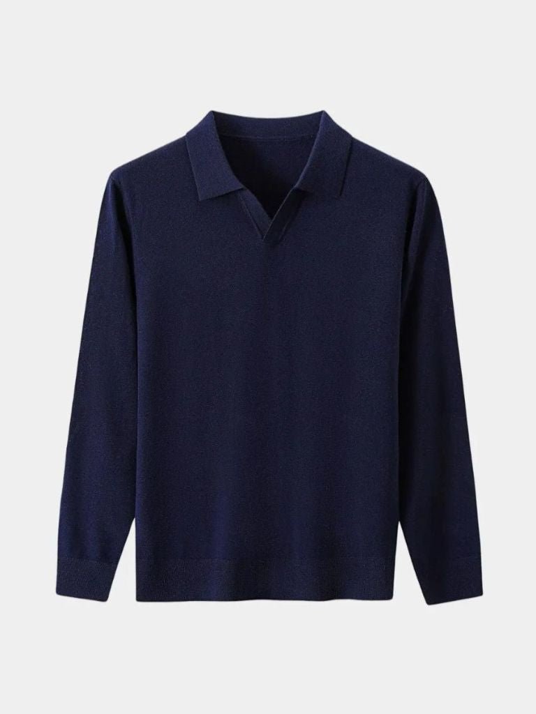 100% Wool Knit V Neck Turndown Polo Pullover - Cross & Crown