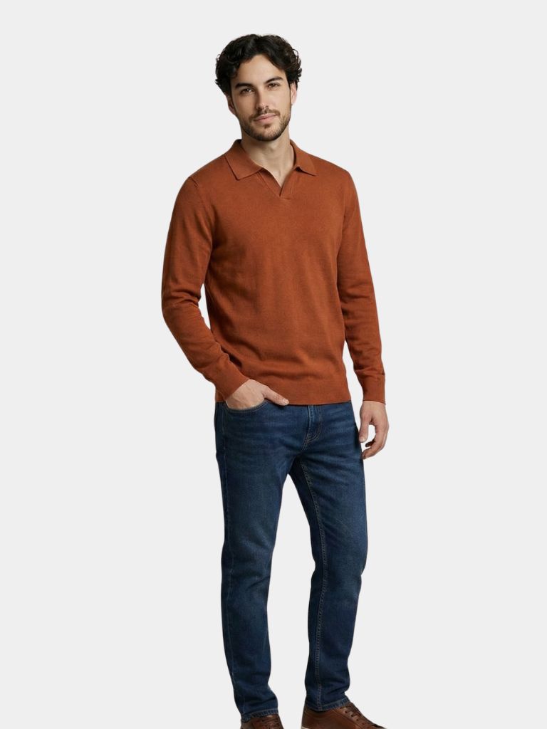 100% Wool Knit V Neck Turndown Polo Pullover - Cross & Crown