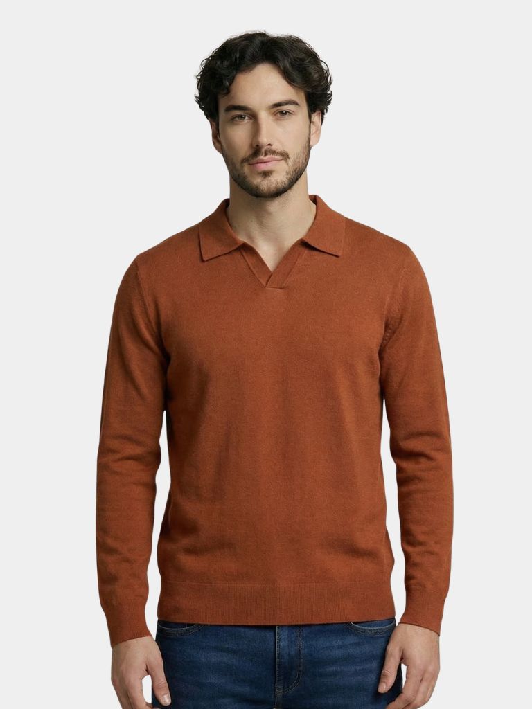 100% Wool Knit V Neck Turndown Polo Pullover - Cross & Crown